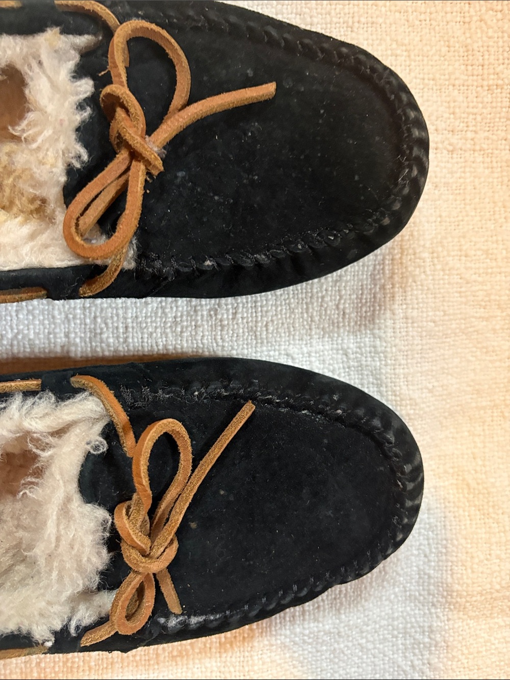 UGG Black Suede Moccasin with Tan Laces and Cream Shearling - Picture 2 of 4